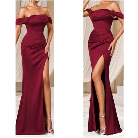 Luxe Satin Off Shoulder Lace up Split Thigh Formal Party Wedding Dress - Picture 4 of 6